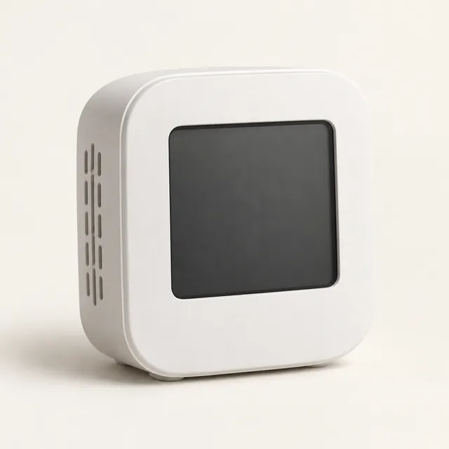 AI-generated illustration of indoor air quality monitor; representative equipment type, not a specific product