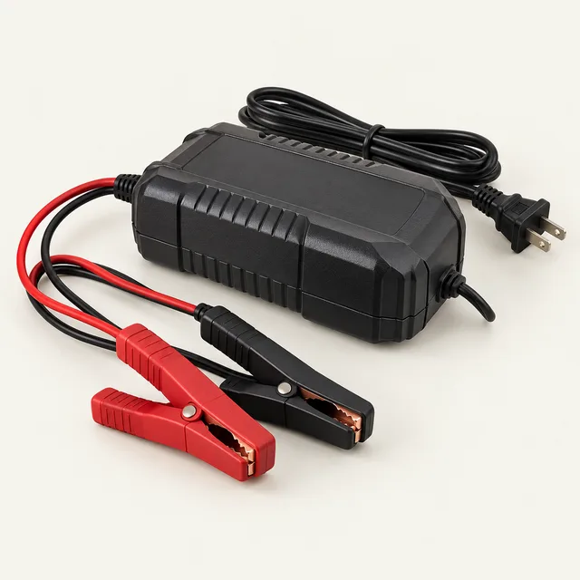 AI-generated illustration of plug-in vehicle battery charger; representative equipment type, not a specific product