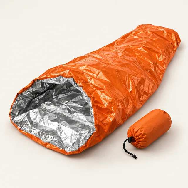 AI-generated illustration of emergency bivvy; representative equipment type, not a specific product