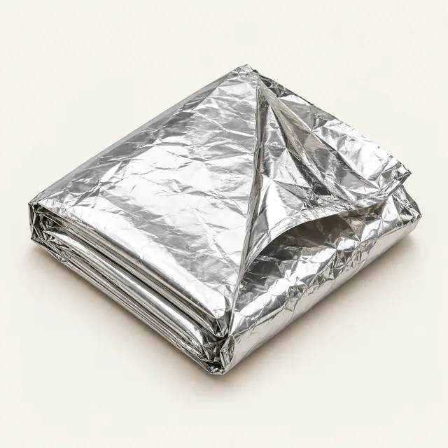 AI-generated illustration of packable emergency blanket; representative equipment type, not a specific product