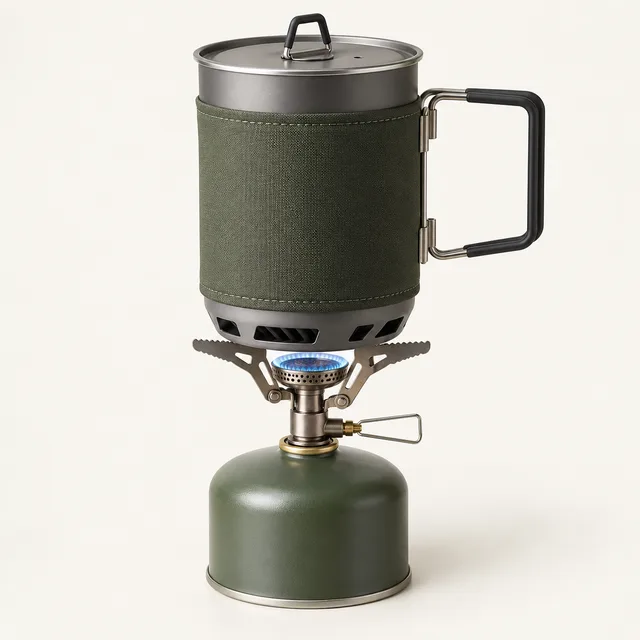 AI-generated illustration of compact outdoor water-boiling system; representative equipment type, not a specific product