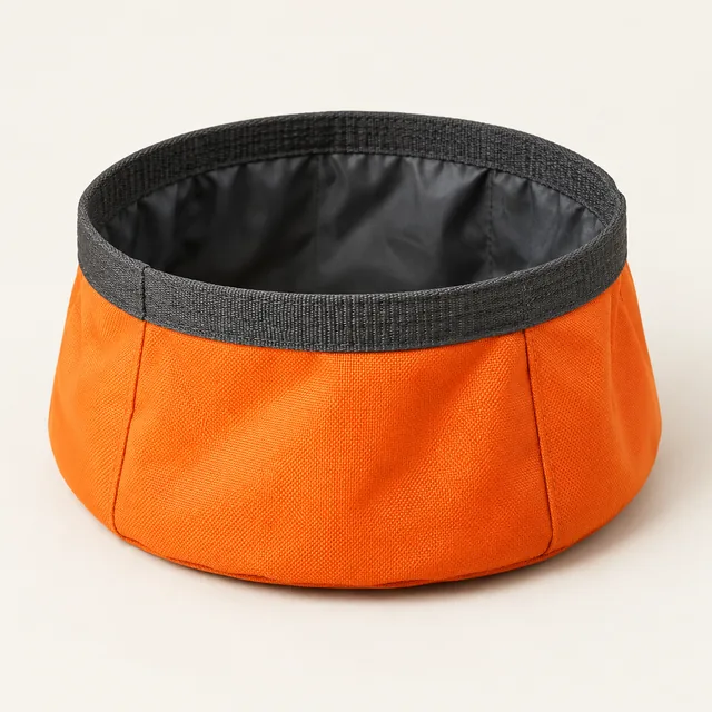 AI-generated illustration of packable pet bowl; representative equipment type, not a specific product