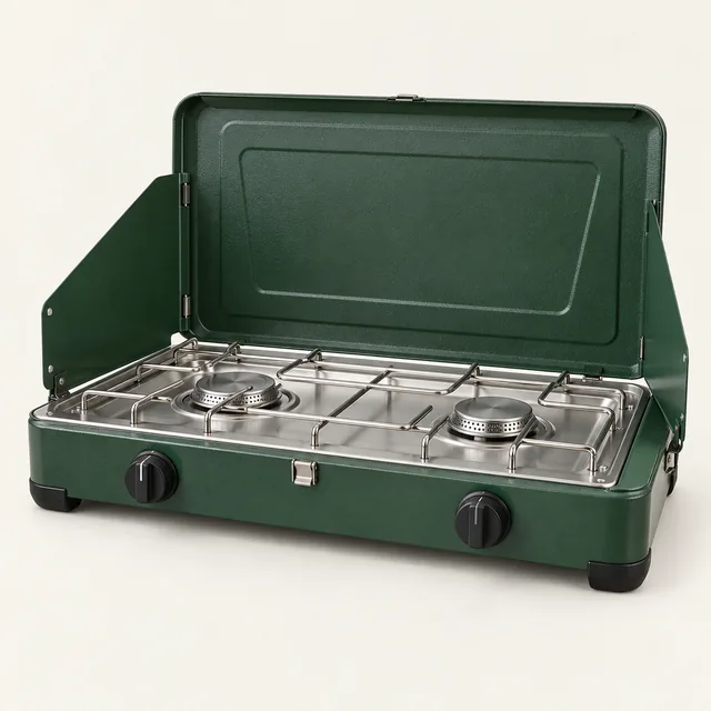 AI-generated illustration of two-burner outdoor stove; representative equipment type, not a specific product