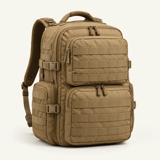 AI-generated illustration of compartmented evacuation backpack; representative equipment type, not a specific product