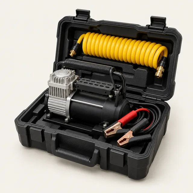 AI-generated illustration of portable vehicle air compressor; representative equipment type, not a specific product