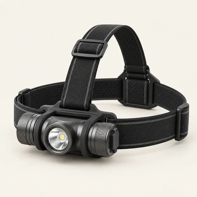 AI-generated illustration of weather-resistant rechargeable headlamp; representative equipment type, not a specific product