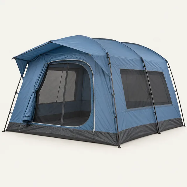 AI-generated illustration of family camping tent; representative equipment type, not a specific product
