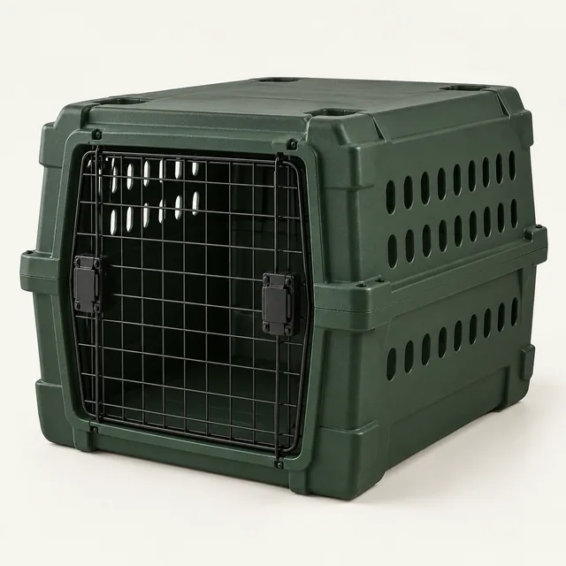 AI-generated illustration of rigid dog travel kennel; representative equipment type, not a specific product