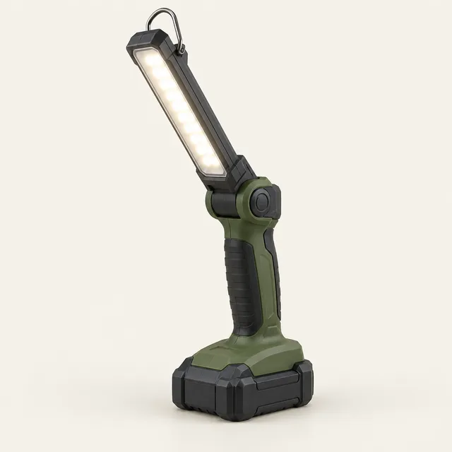 AI-generated illustration of cordless handheld area light; representative equipment type, not a specific product