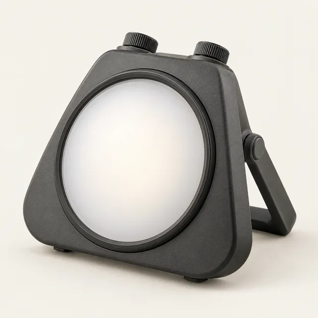 AI-generated illustration of adjustable rechargeable floodlight; representative equipment type, not a specific product