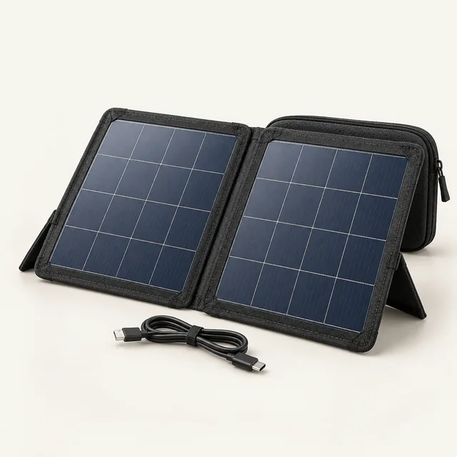 AI-generated illustration of folding 50 w solar panel; representative equipment type, not a specific product