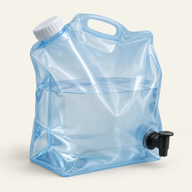 AI-generated illustration of collapsible camp water dispenser; representative equipment type, not a specific product