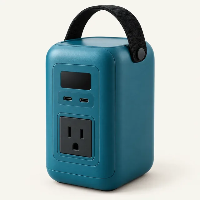 AI-generated illustration of compact ac power station; representative equipment type, not a specific product