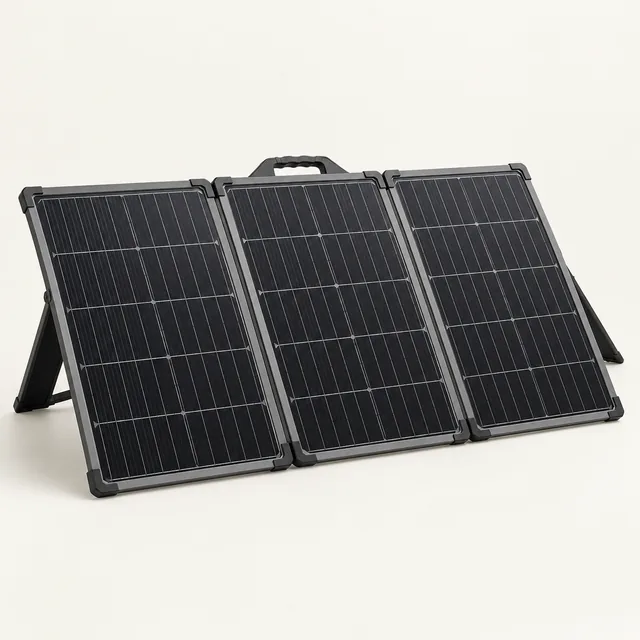 AI-generated illustration of lightweight folding solar panel; representative equipment type, not a specific product