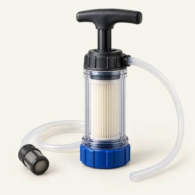 AI-generated illustration of compact pump water filter; representative equipment type, not a specific product