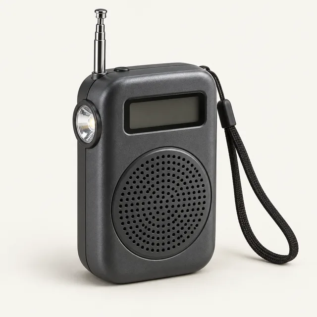 AI-generated illustration of emergency weather radio; representative equipment type, not a specific product
