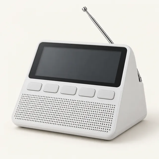 AI-generated illustration of desktop same weather-alert radio; representative equipment type, not a specific product
