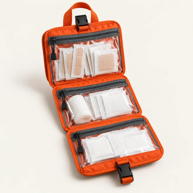 AI-generated illustration of organized first aid bag; representative equipment type, not a specific product