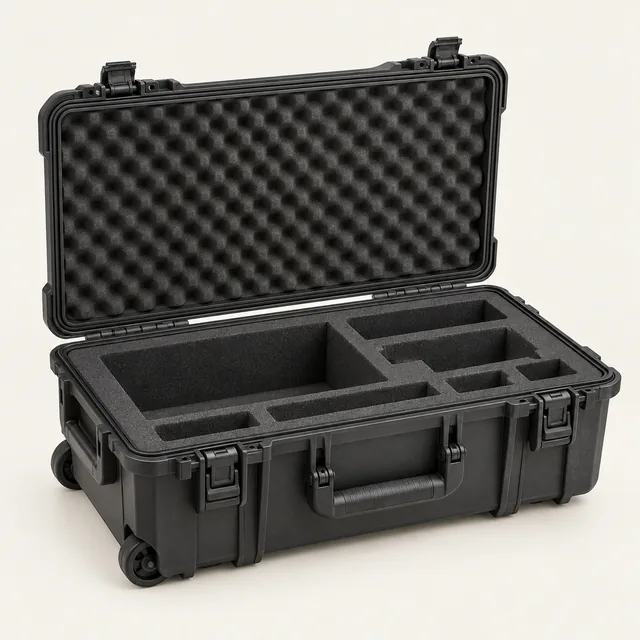 AI-generated illustration of wheeled waterproof case; representative equipment type, not a specific product