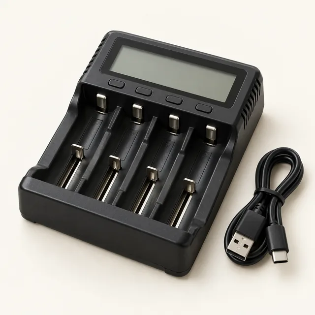 AI-generated illustration of four-bay rechargeable battery charger; representative equipment type, not a specific product