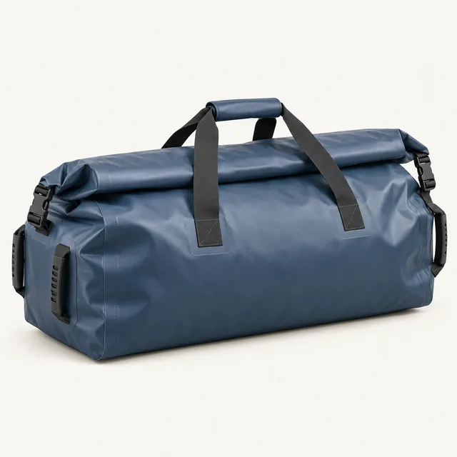 AI-generated illustration of waterproof gear duffel; representative equipment type, not a specific product