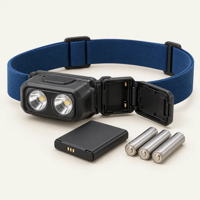 AI-generated illustration of dual-power rechargeable headlamp; representative equipment type, not a specific product