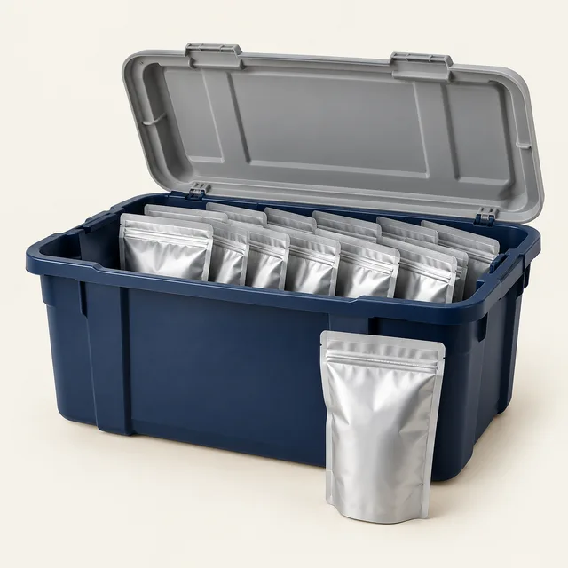 AI-generated illustration of dehydrated emergency meal reserve; representative equipment type, not a specific product