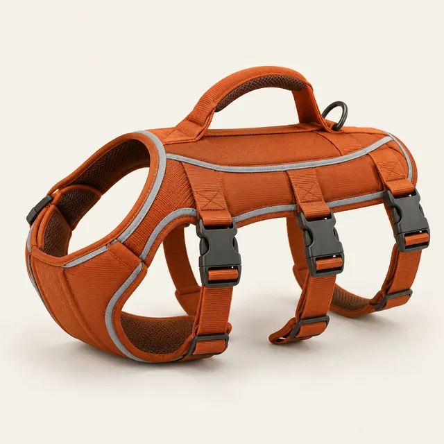 AI-generated illustration of lift-assist walking dog harness; representative equipment type, not a specific product