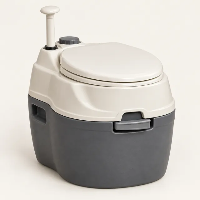 AI-generated illustration of portable piston-flush toilet; representative equipment type, not a specific product