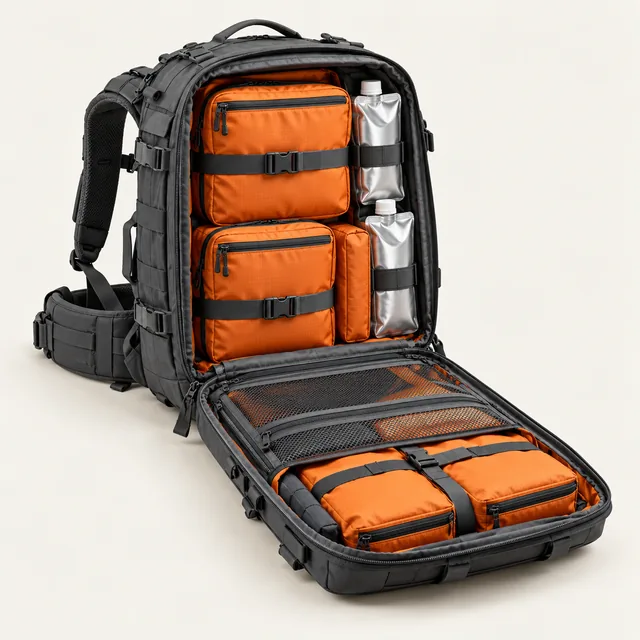 AI-generated illustration of organized preparedness backpack; representative equipment type, not a specific product
