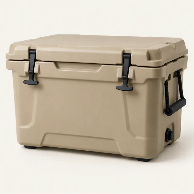AI-generated illustration of insulated hard cooler; representative equipment type, not a specific product