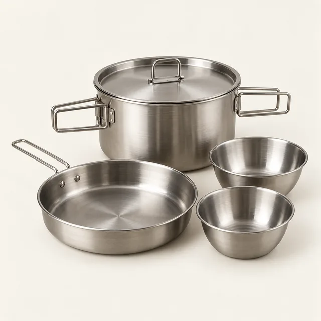 AI-generated illustration of nesting stainless-steel cookware; representative equipment type, not a specific product