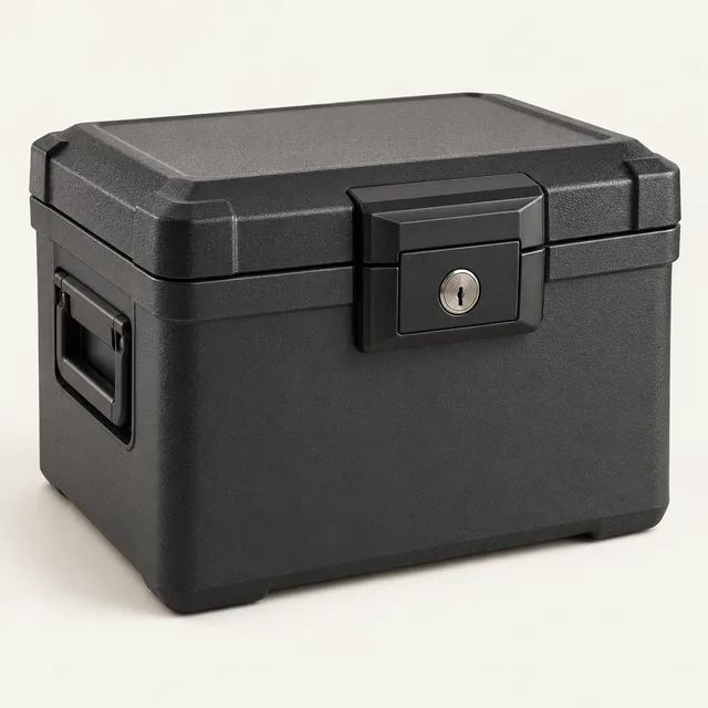 AI-generated illustration of fire and water document chest; representative equipment type, not a specific product