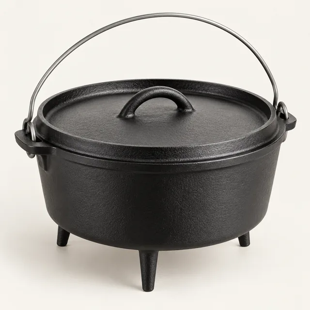 AI-generated illustration of outdoor cast-iron cooking pot; representative equipment type, not a specific product