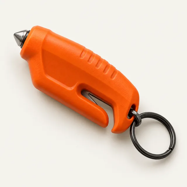 AI-generated illustration of seatbelt cutter / glass breaker; representative equipment type, not a specific product