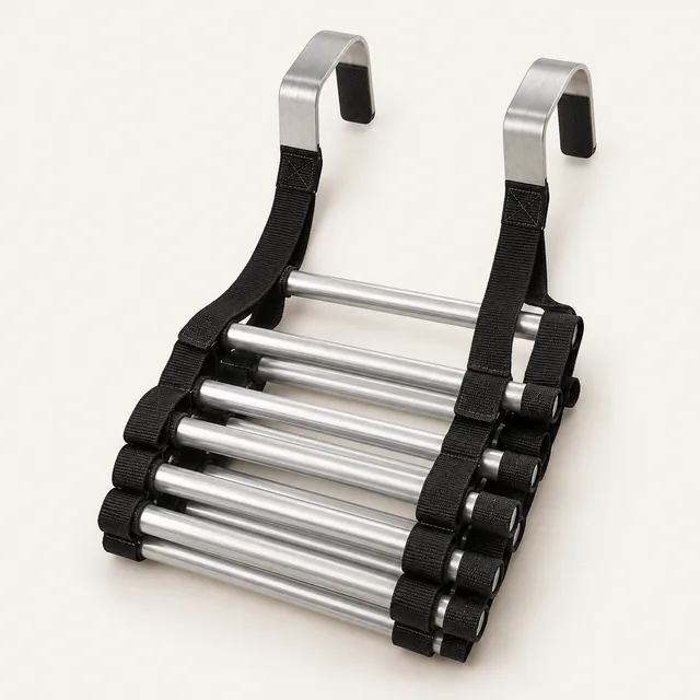AI-generated illustration of two-story escape ladder; representative equipment type, not a specific product