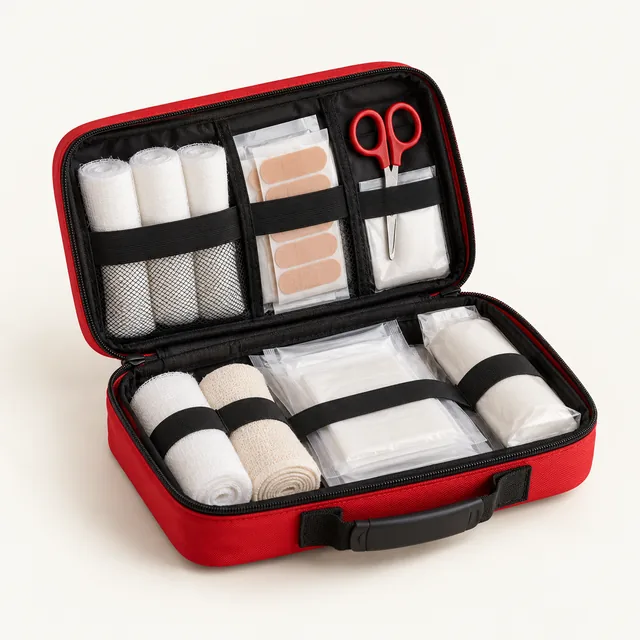 AI-generated illustration of organised first-aid kit; representative equipment type, not a specific product
