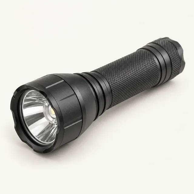 AI-generated illustration of high-output rechargeable flashlight; representative equipment type, not a specific product