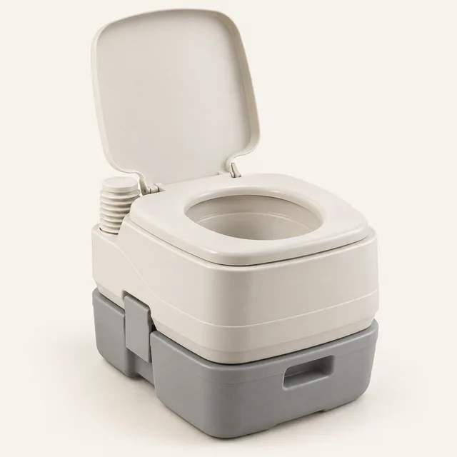 AI-generated illustration of compact flushing portable toilet; representative equipment type, not a specific product