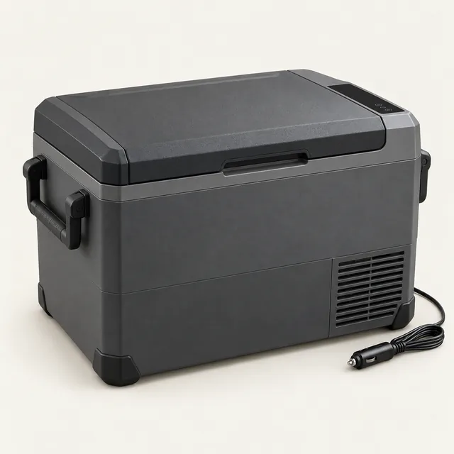 AI-generated illustration of powered portable refrigerator; representative equipment type, not a specific product