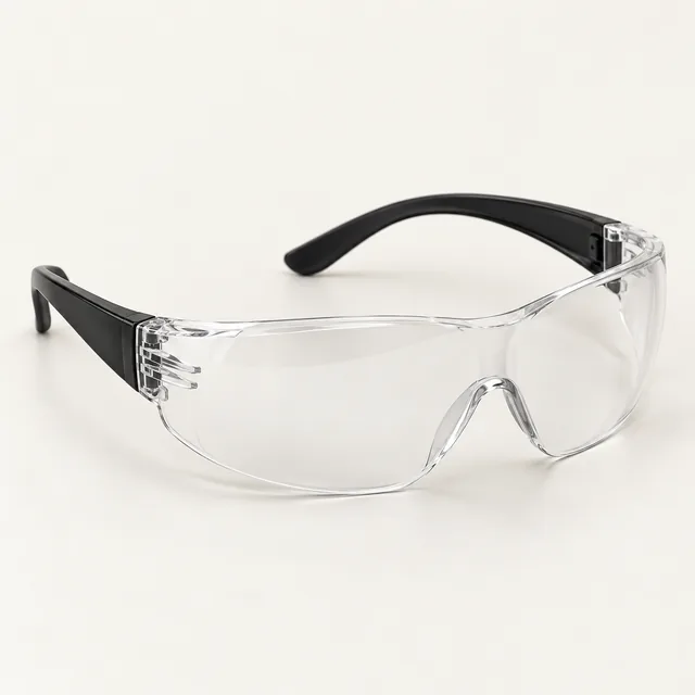 AI-generated illustration of clear-lens safety glasses; representative equipment type, not a specific product