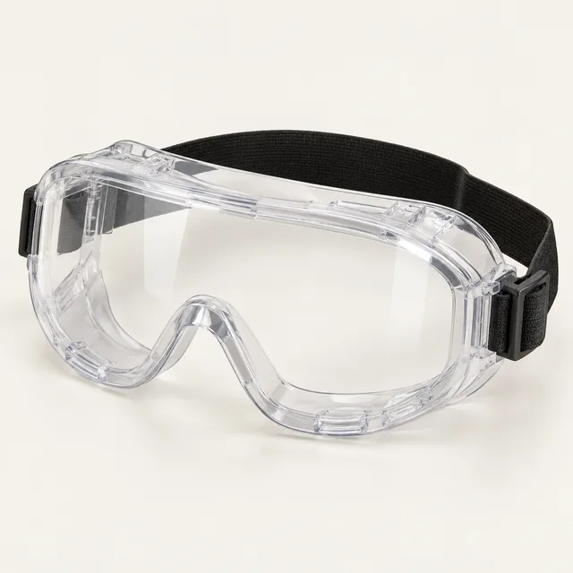 AI-generated illustration of over-glasses safety goggles; representative equipment type, not a specific product