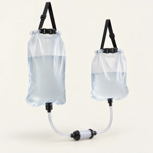 AI-generated illustration of gravity-fed group water filter; representative equipment type, not a specific product