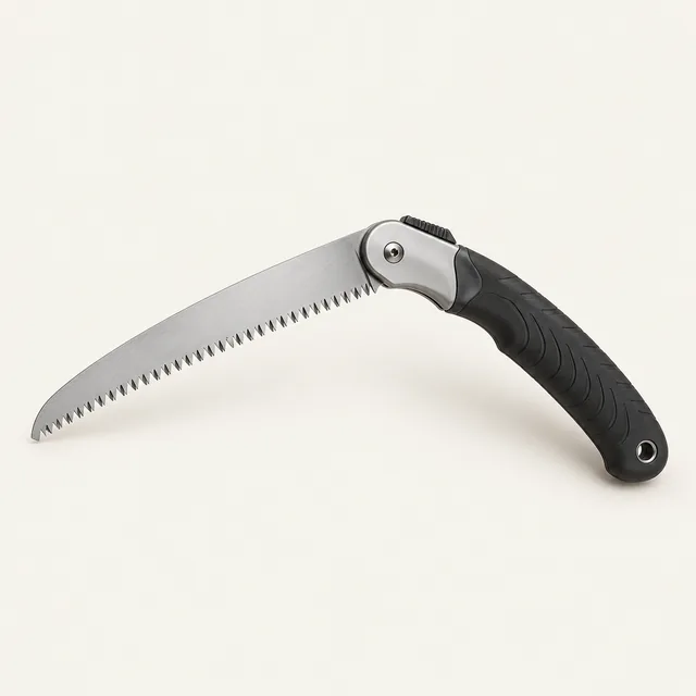 AI-generated illustration of folding pruning saw; representative equipment type, not a specific product