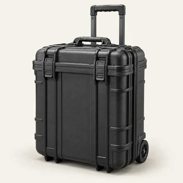 AI-generated illustration of wheeled protective equipment case; representative equipment type, not a specific product