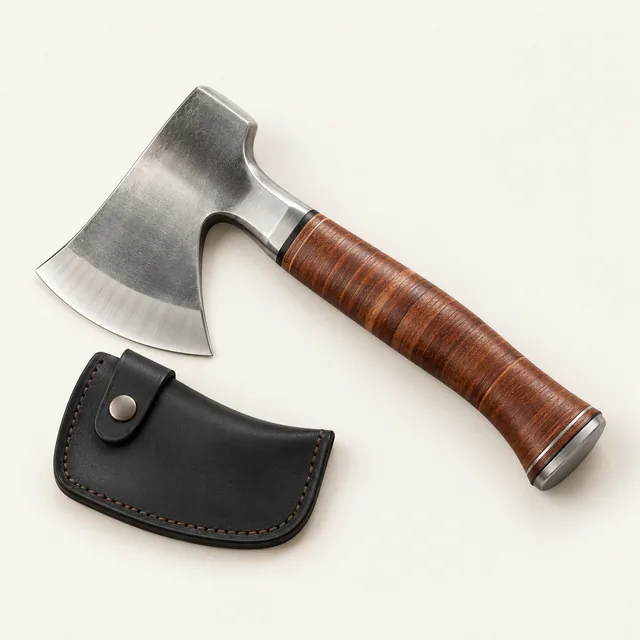 AI-generated illustration of compact camp hatchet; representative equipment type, not a specific product