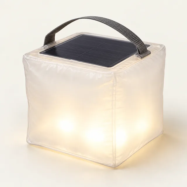 AI-generated illustration of packable inflatable solar lantern; representative equipment type, not a specific product