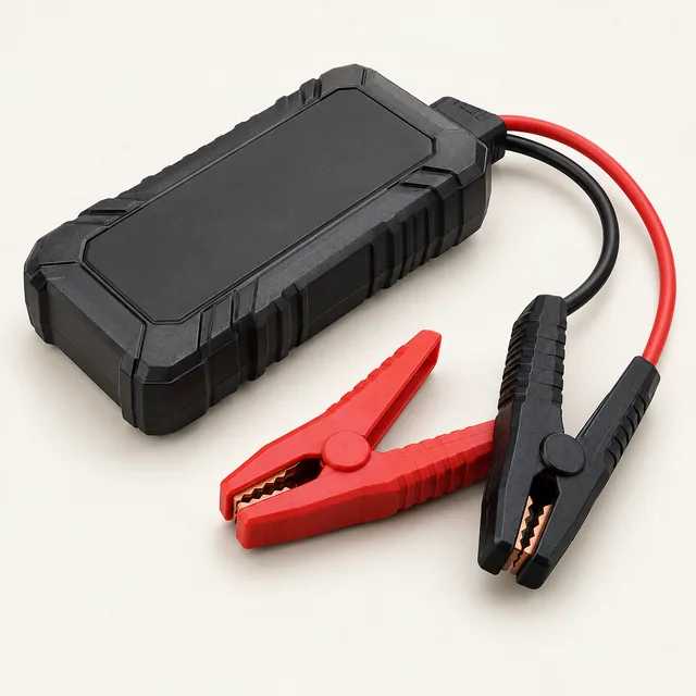 AI-generated illustration of 12v jump starter; representative equipment type, not a specific product