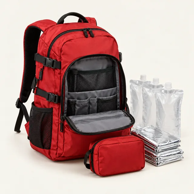 AI-generated illustration of emergency backpack kit; representative equipment type, not a specific product