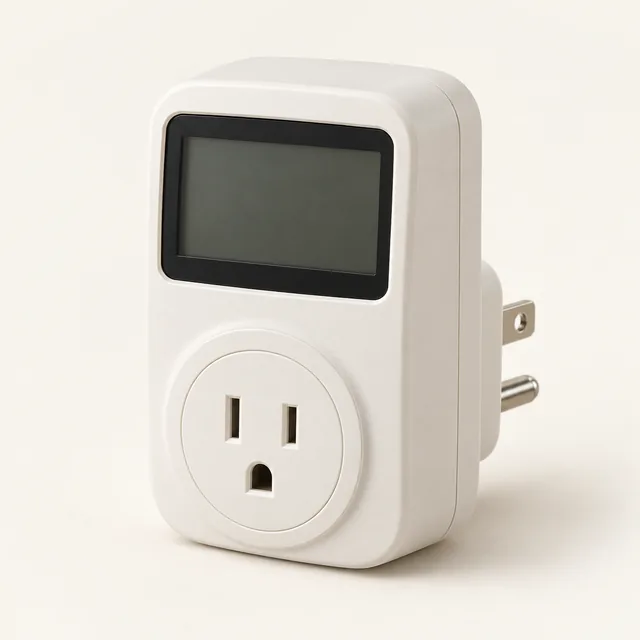 AI-generated illustration of plug-in electricity meter; representative equipment type, not a specific product